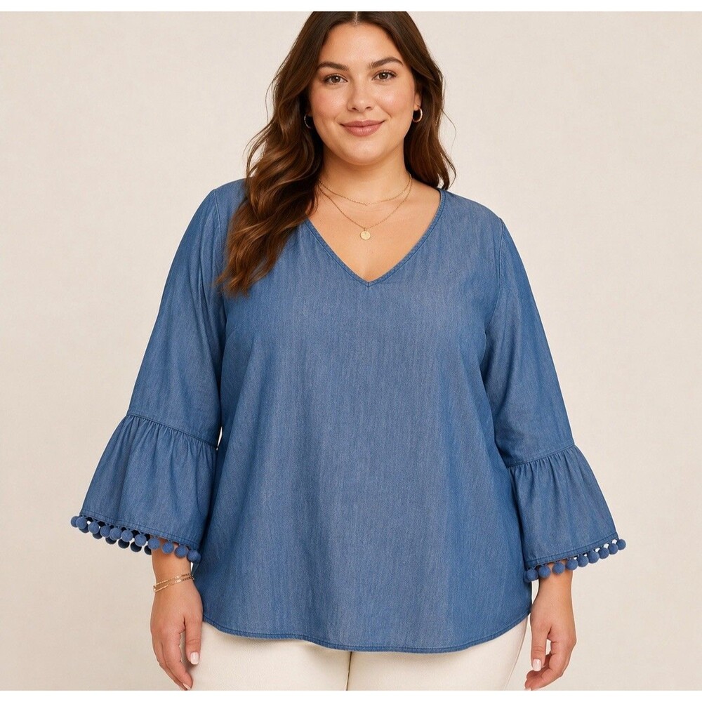 Hester & Orchard Chambray Boho Bell Sleeve Pom Trim Top 2X Denim Oversized